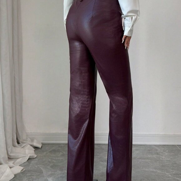 Burgundy Preppy Women's Flare Leg Pants - Picture 2 of 4